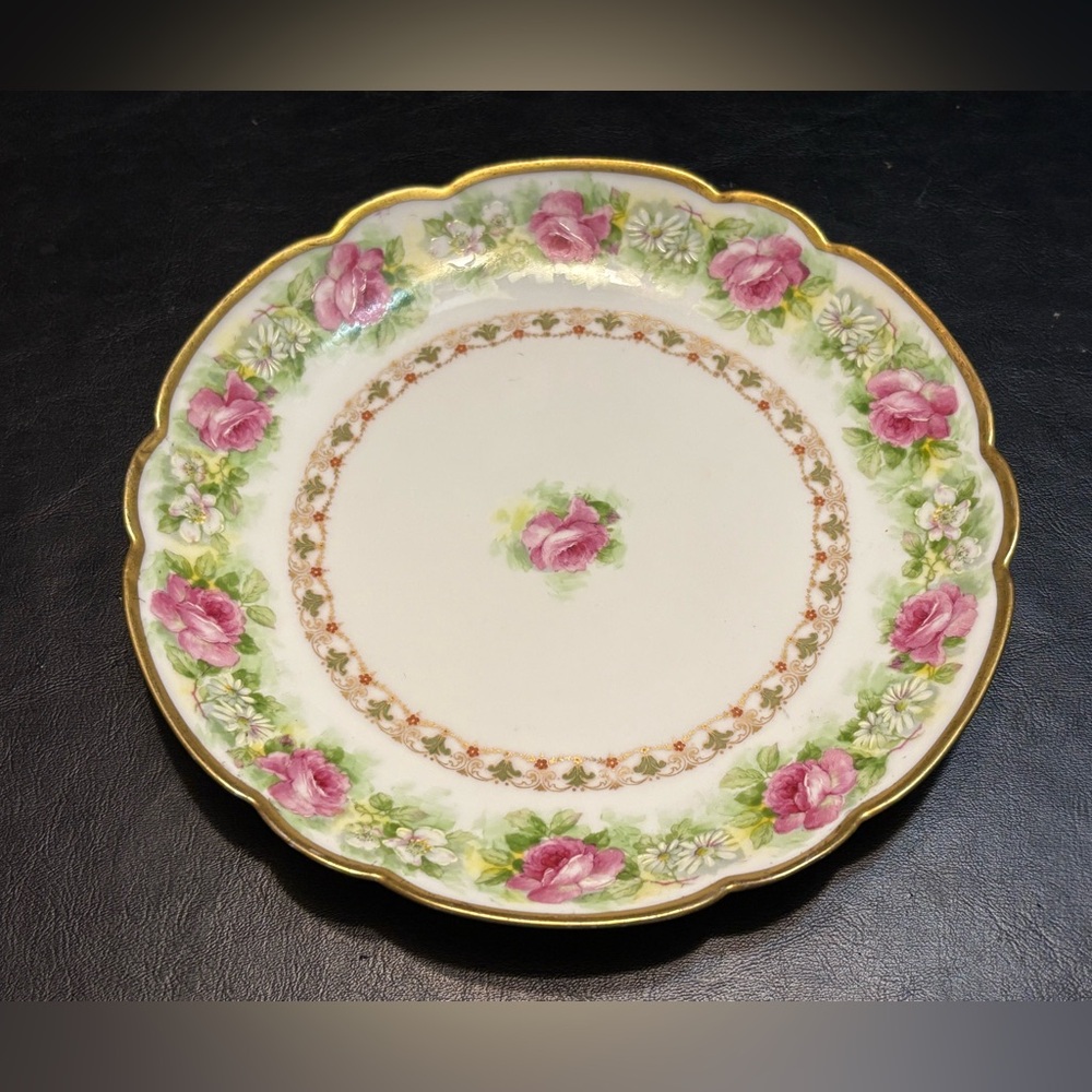 Antique Coronet Limoges France Hand Painted Pink Roses Plate Gold Gilt Scalloped